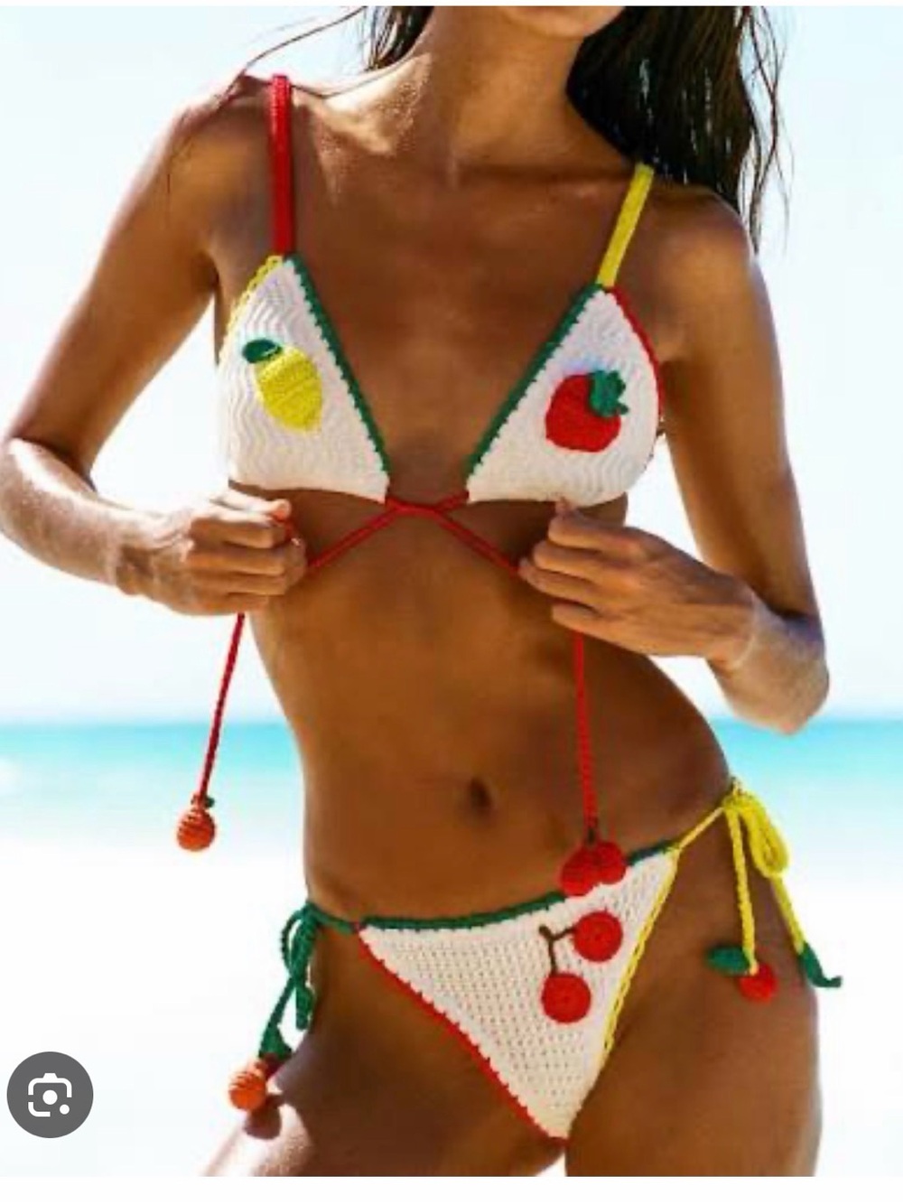 NWT Sold Out | STAUD White Crochet Fruit Bikini with Red, Yellow & Green Accents